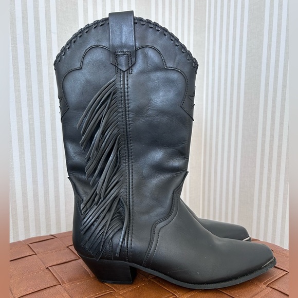 Vintage ACME Black Western Leather Fringe Cowboy Boots Women’s Size 7 Steel Tip - Picture 2 of 10